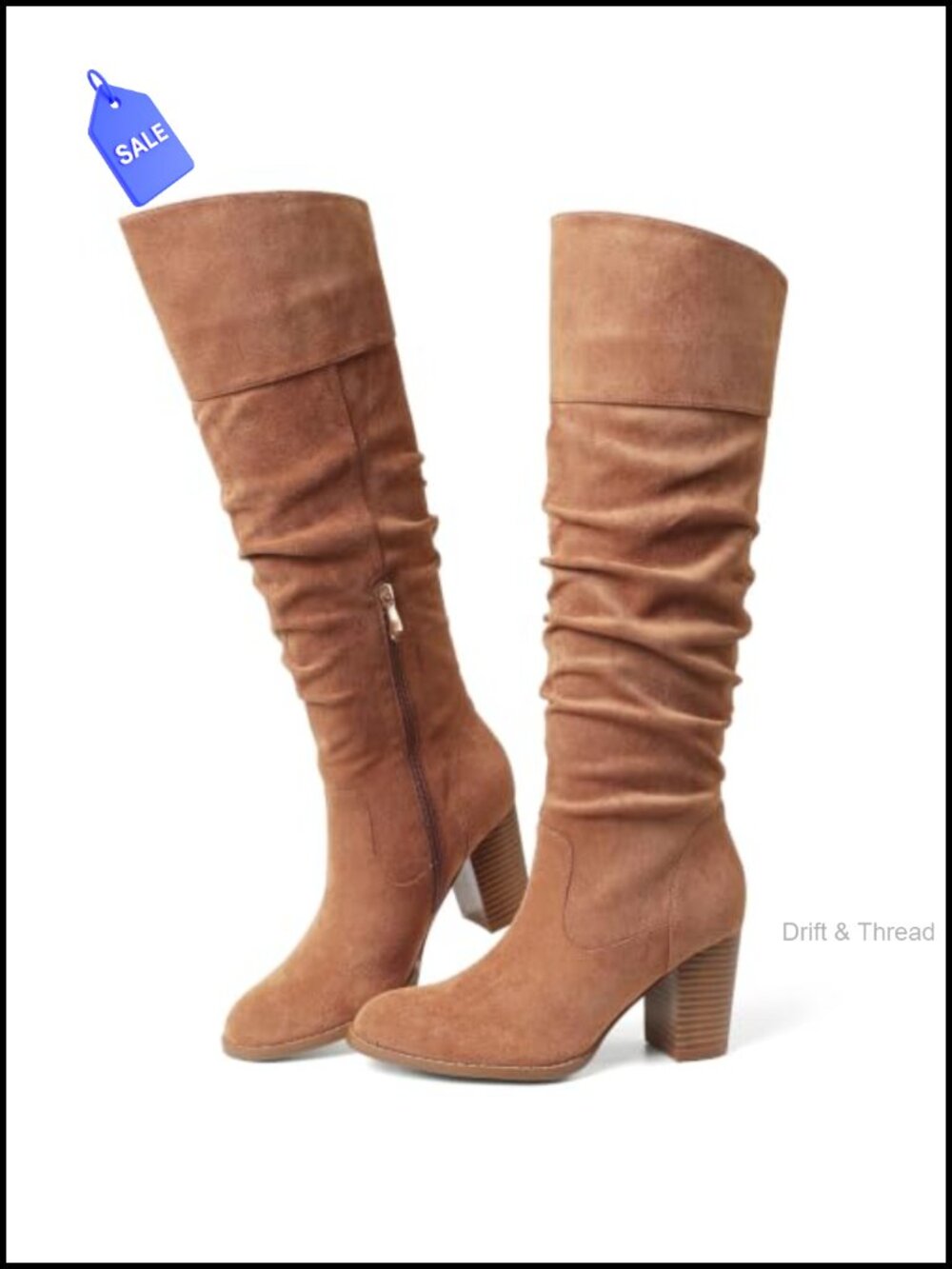Suede Slouch Knee High Boots Chunky Heel Tall Western Boot
